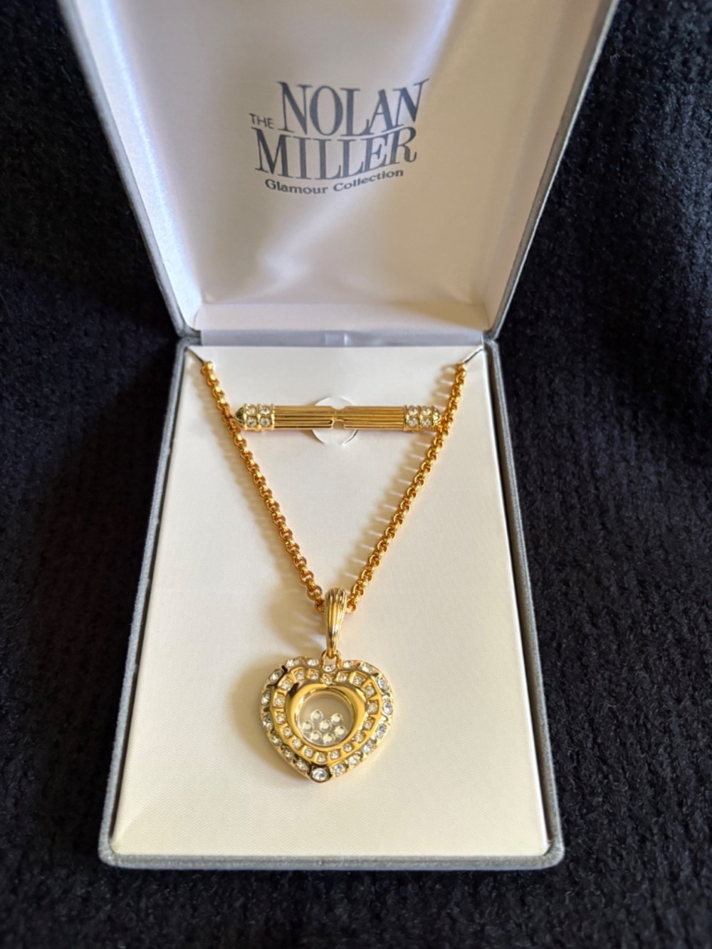 NIB Nolan Miller Floating Heart Necklace & Brooch Set Byzantine Chain